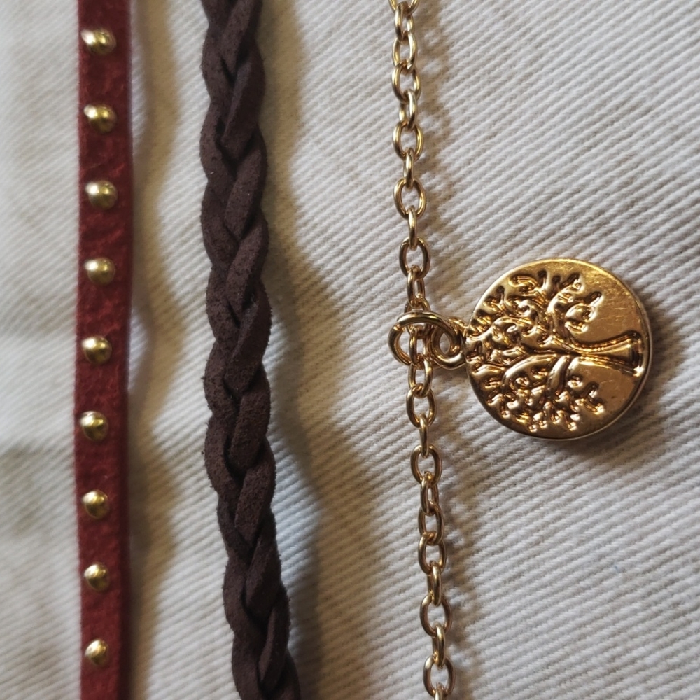 Set of 3 Chokers. Studded and Braided Leather. Gold Tone Chain with Tree Pendant